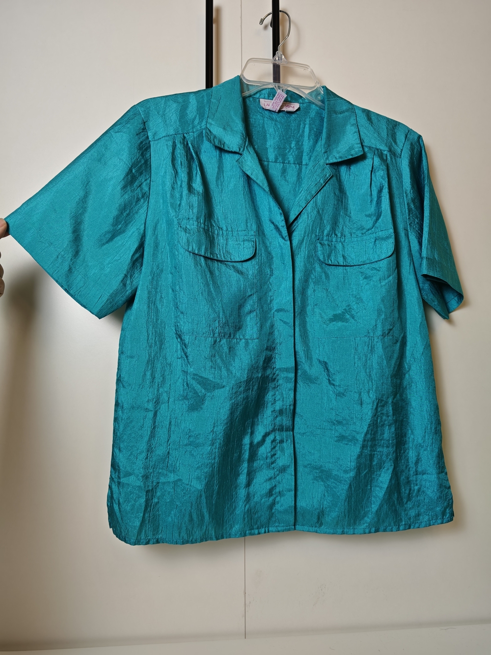 Laura & Jayne Vintage Short Sleeve Teal Button Front Shirt Collar Top 10